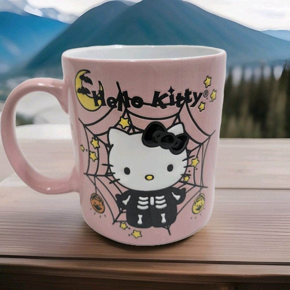 NEW! Sanrio Hello Kitty HALLOWEEN Skeleton Pink Spiderweb SPOOKY‎ Textured Mug